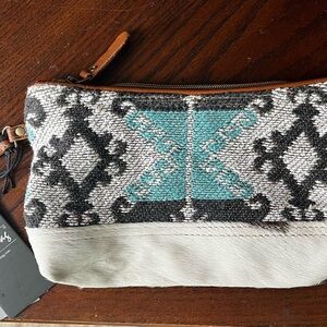 Myra Bag Black and Teal Woven Clutch